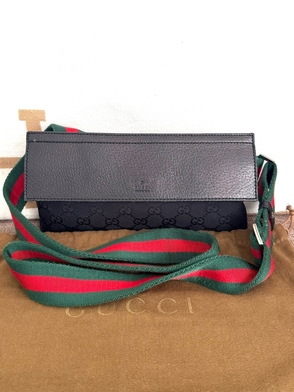 Gucci authentic black monogram canvas waist bag funny pack red green strap